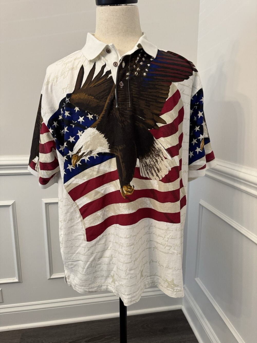 Cotton Traders Sport Polo Shirt Mens XL Patriotic America Eagle All-Over Print